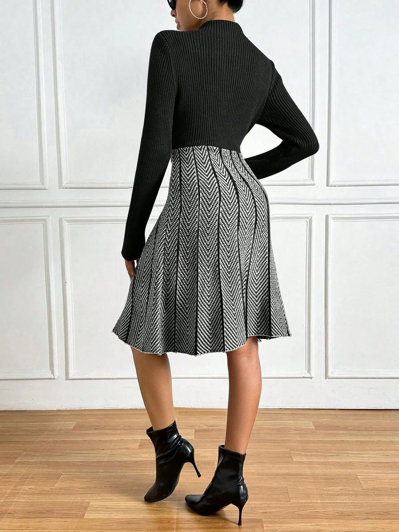 Privé Colorblock Herringbone Pattern Stand Collar Ribbed Knit Sweater Dress