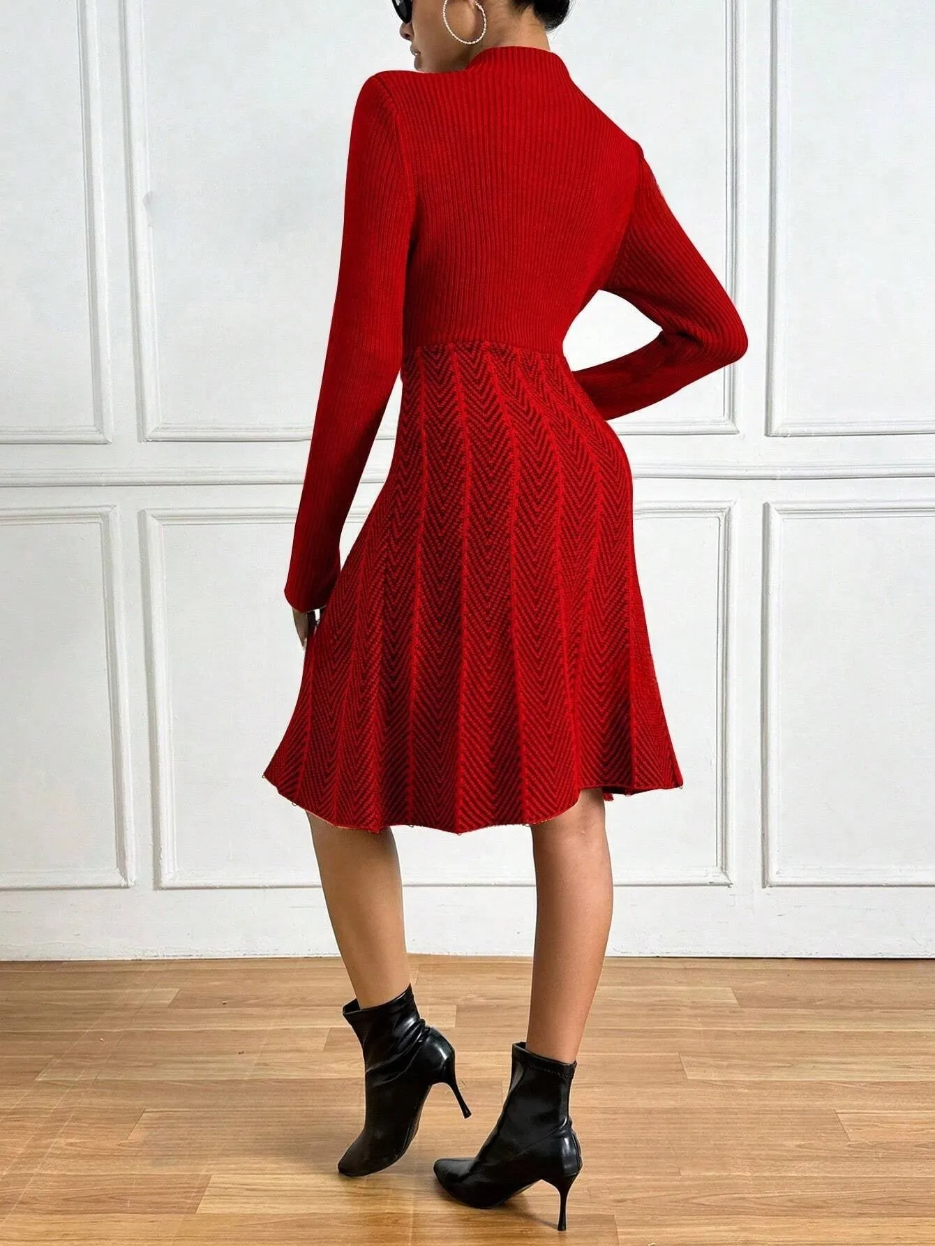 Privé Colorblock Herringbone Pattern Stand Collar Ribbed Knit Sweater Dress