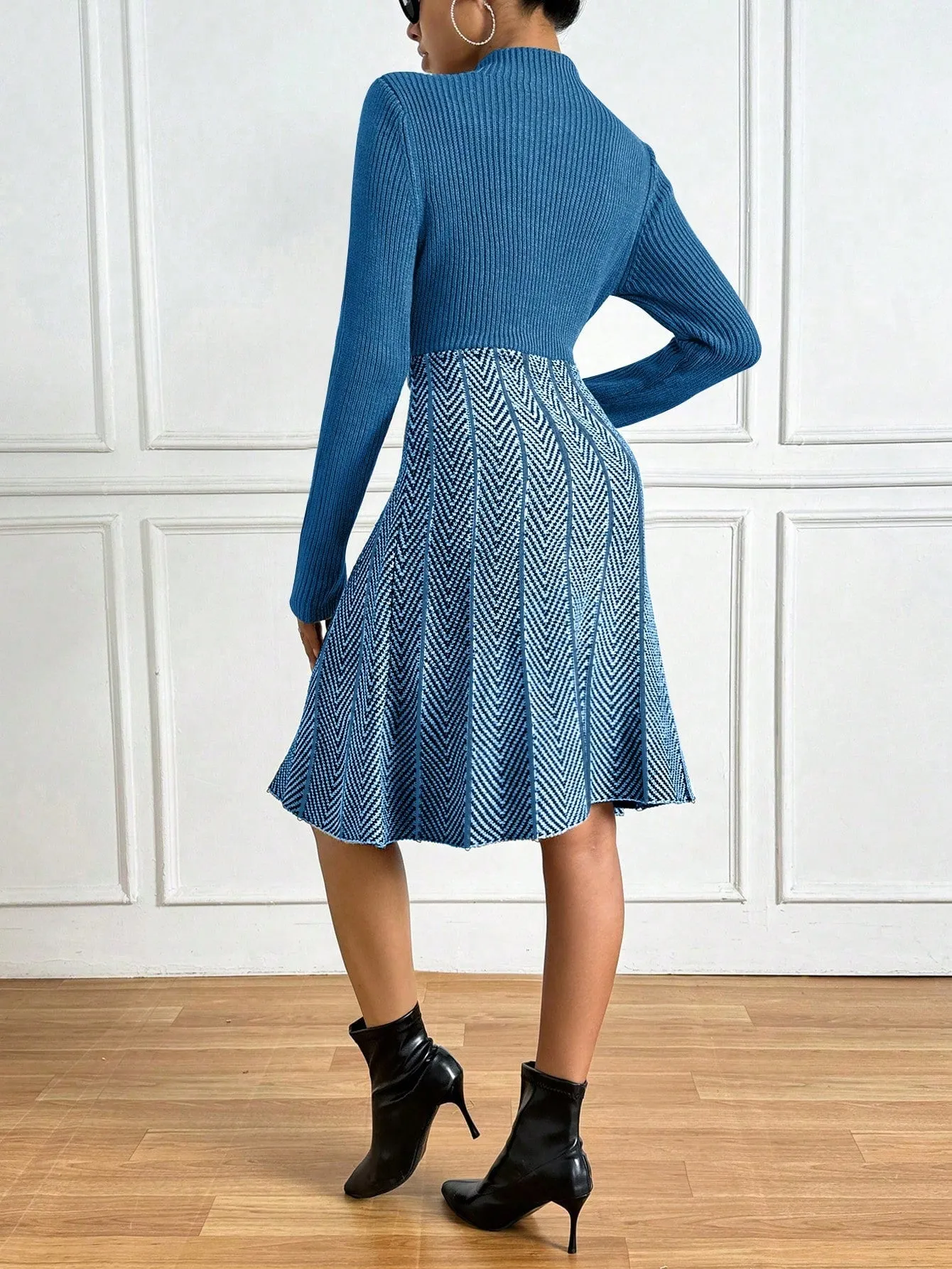 Privé Colorblock Herringbone Pattern Stand Collar Ribbed Knit Sweater Dress