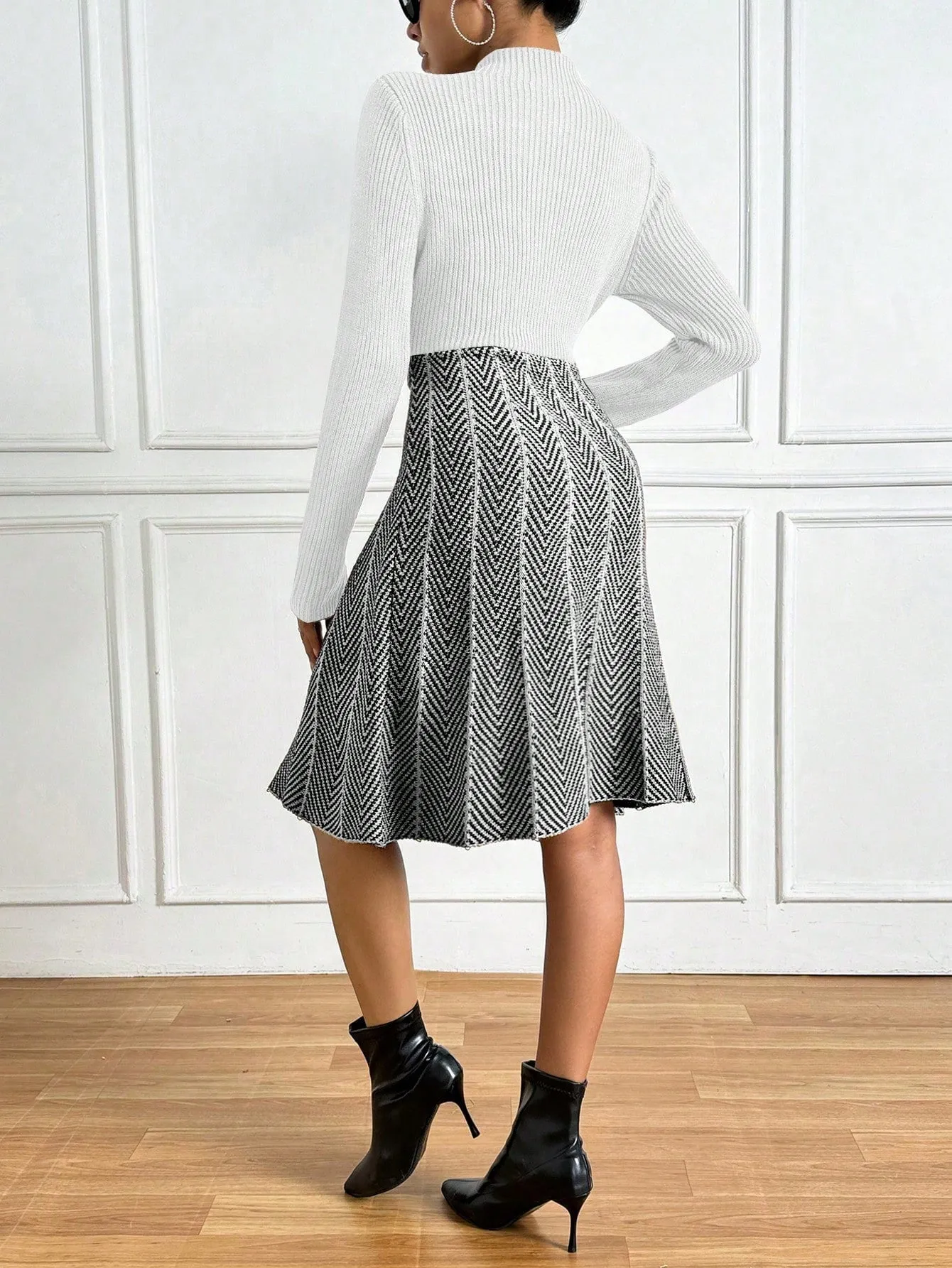 Privé Colorblock Herringbone Pattern Stand Collar Ribbed Knit Sweater Dress