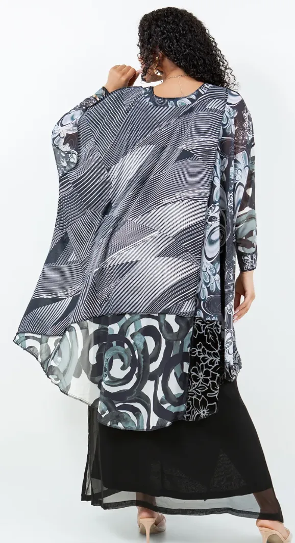 Shades of Black Mosaic hi-low Tunic Top Boho Hippie Chic Resort Wear Sml-10X