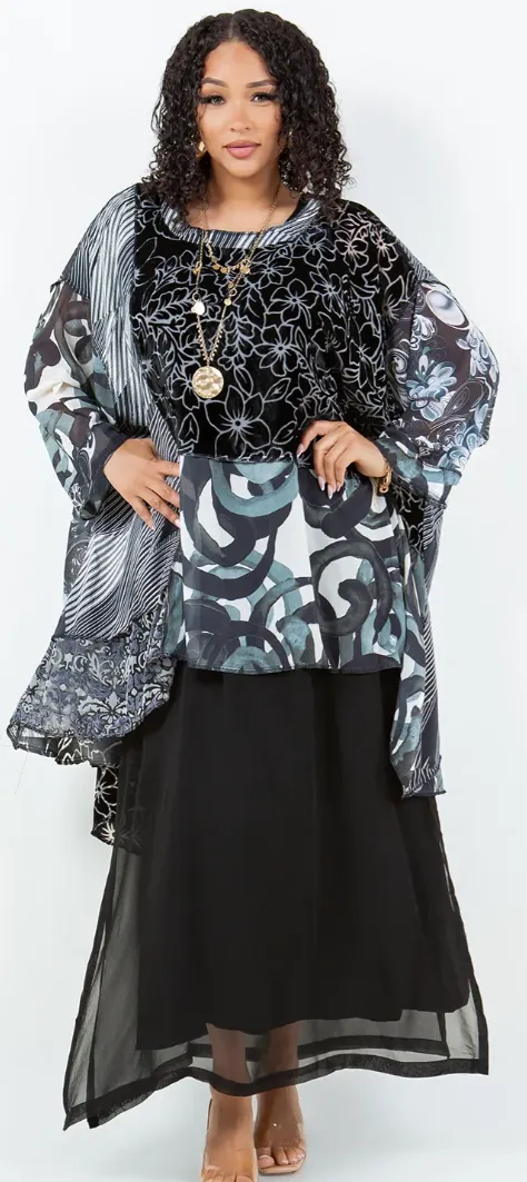Shades of Black Mosaic hi-low Tunic Top Boho Hippie Chic Resort Wear Sml-10X