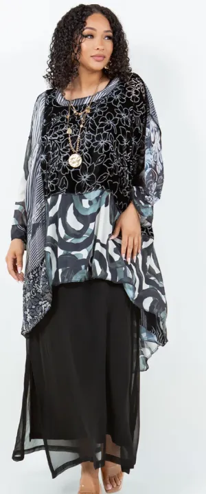 Shades of Black Mosaic hi-low Tunic Top Boho Hippie Chic Resort Wear Sml-10X