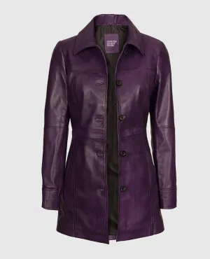 Women's Mid-Length Leather Purple Coat