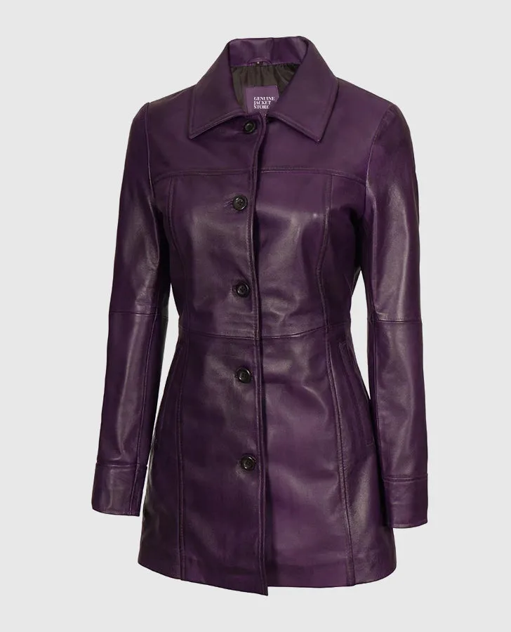 Women's Mid-Length Leather Purple Coat
