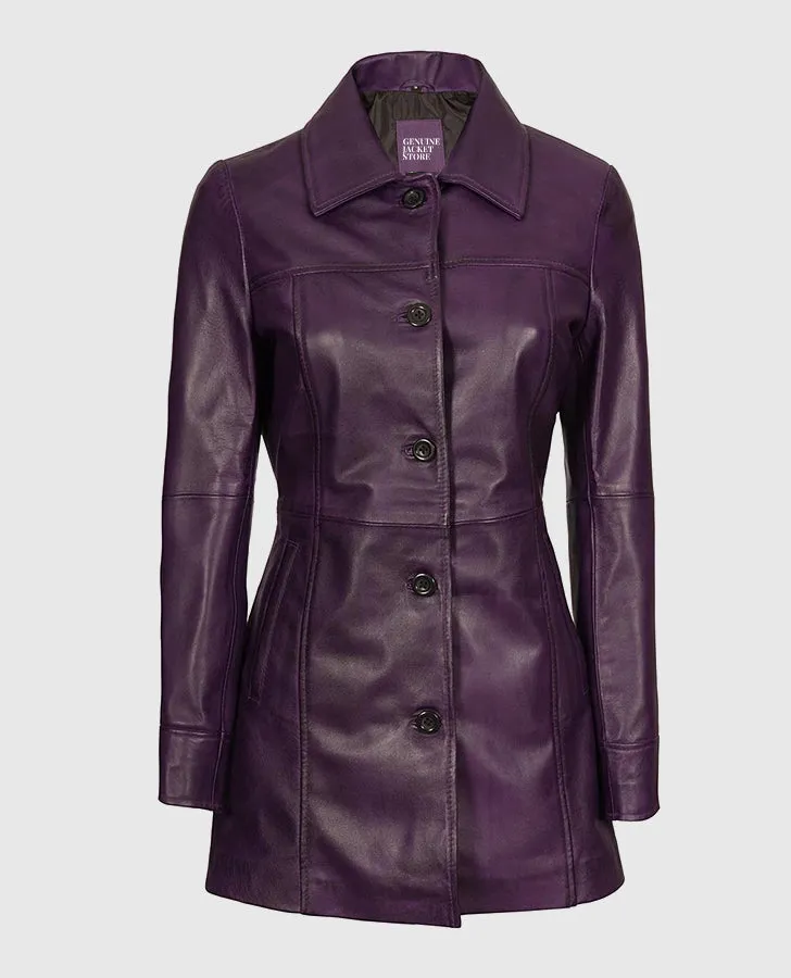 Women's Mid-Length Leather Purple Coat